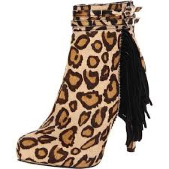 Sam Edelman | Keegan Leopard Animal Print Black Tan Calf Hair Fringe Ankle Boots - Picture 4 of 10